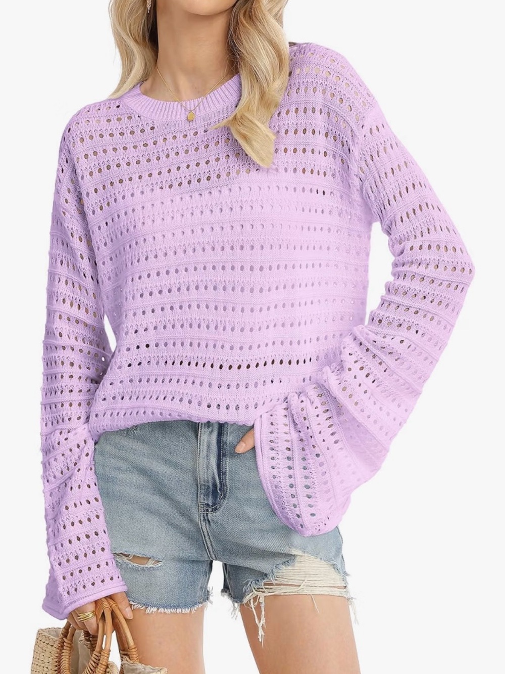 Brand New! Lilac Open-Knit Long Sleeve Sweater - (Size: Small)